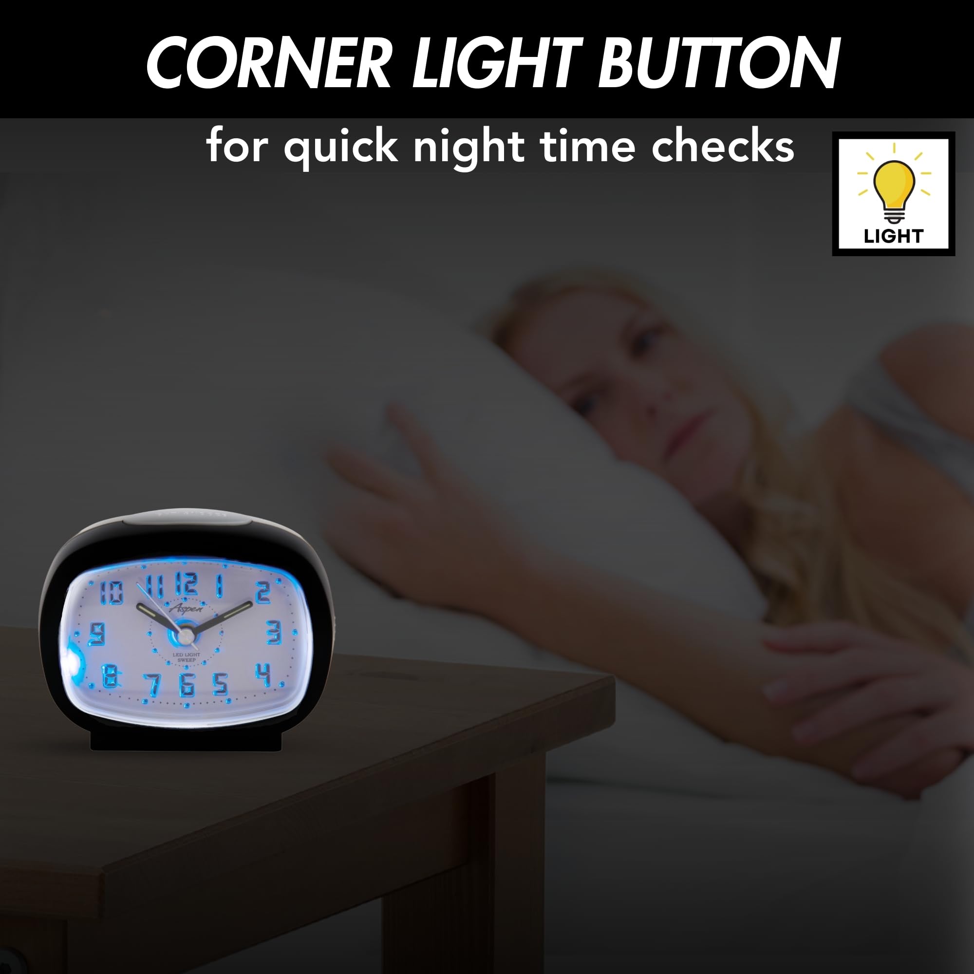 Aspen Analog Alarm Clock With Sensor Light - Silent No Ticking, Snooze, Battery Operated, Gold Tone, 4.72 Inch