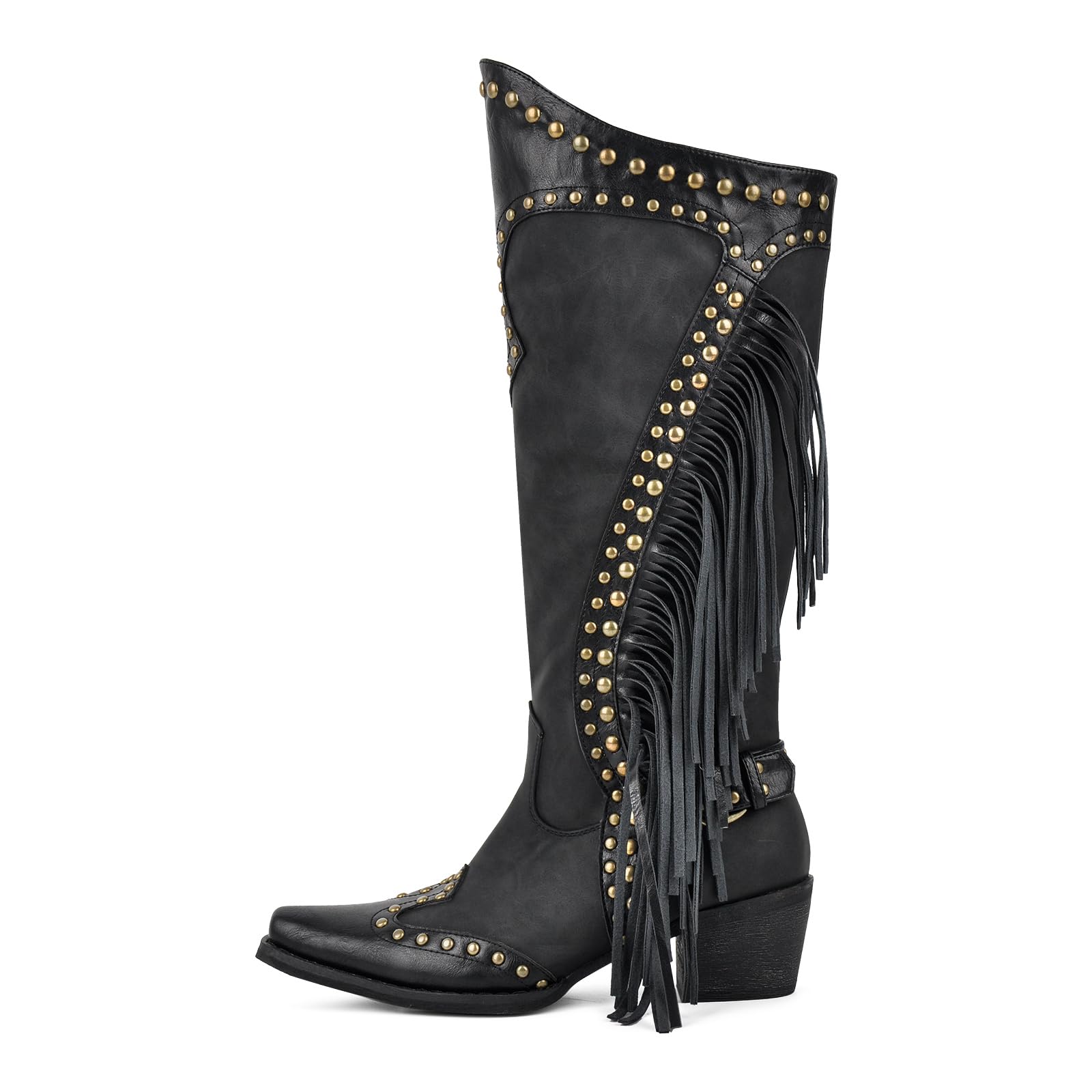 Womens Tassels Under the Knee High Boots Studded Zip Up Faux Leather Block Heels Western Cowboy Cowgirl Boot