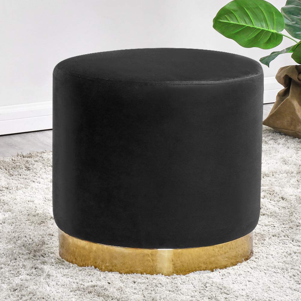 Repose-pieds velours rond noir avec base or petit pouf de salon