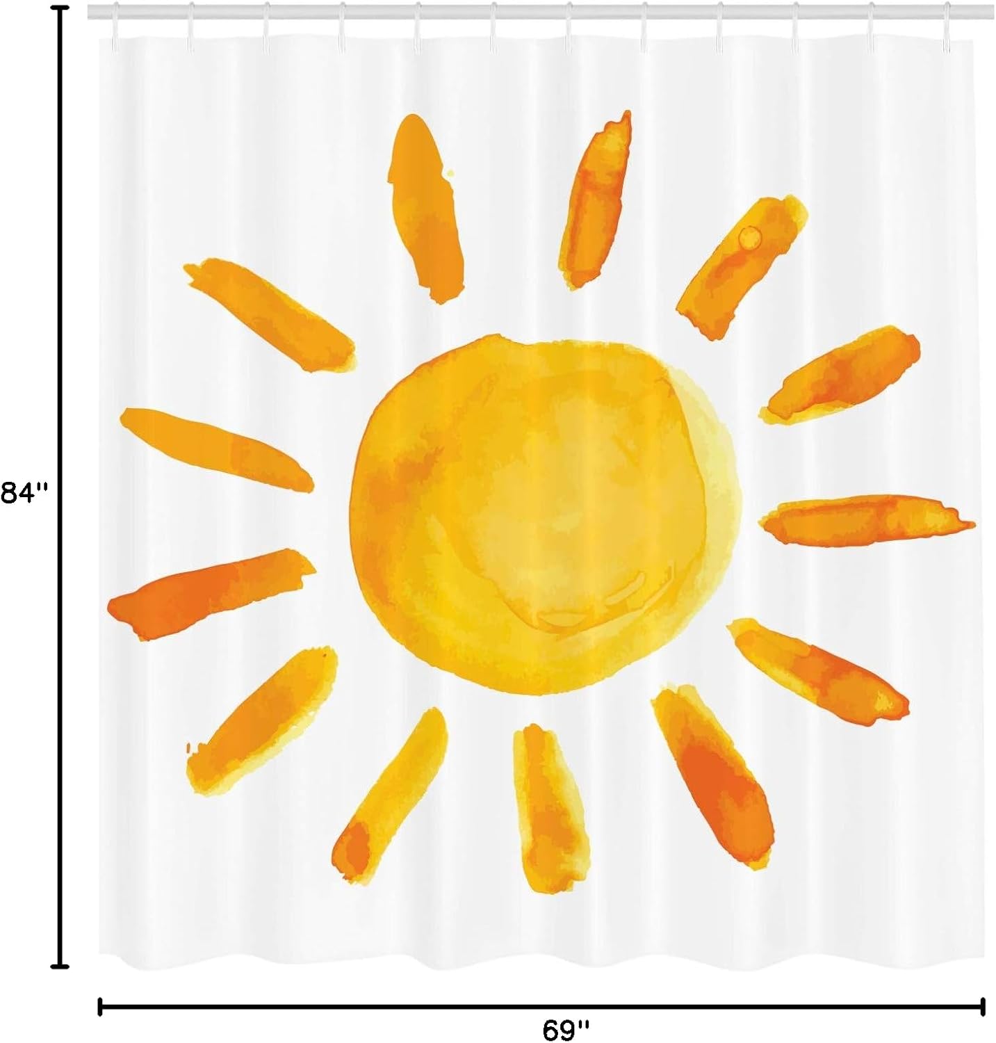Ambesonne Grunge Shower Curtain, Sun Illustration Watercolor Brush Painting Style Playroom Picture, Cloth Fabric Bathroom Decor Set with Hooks, 69" W x 84" L, Yellow White