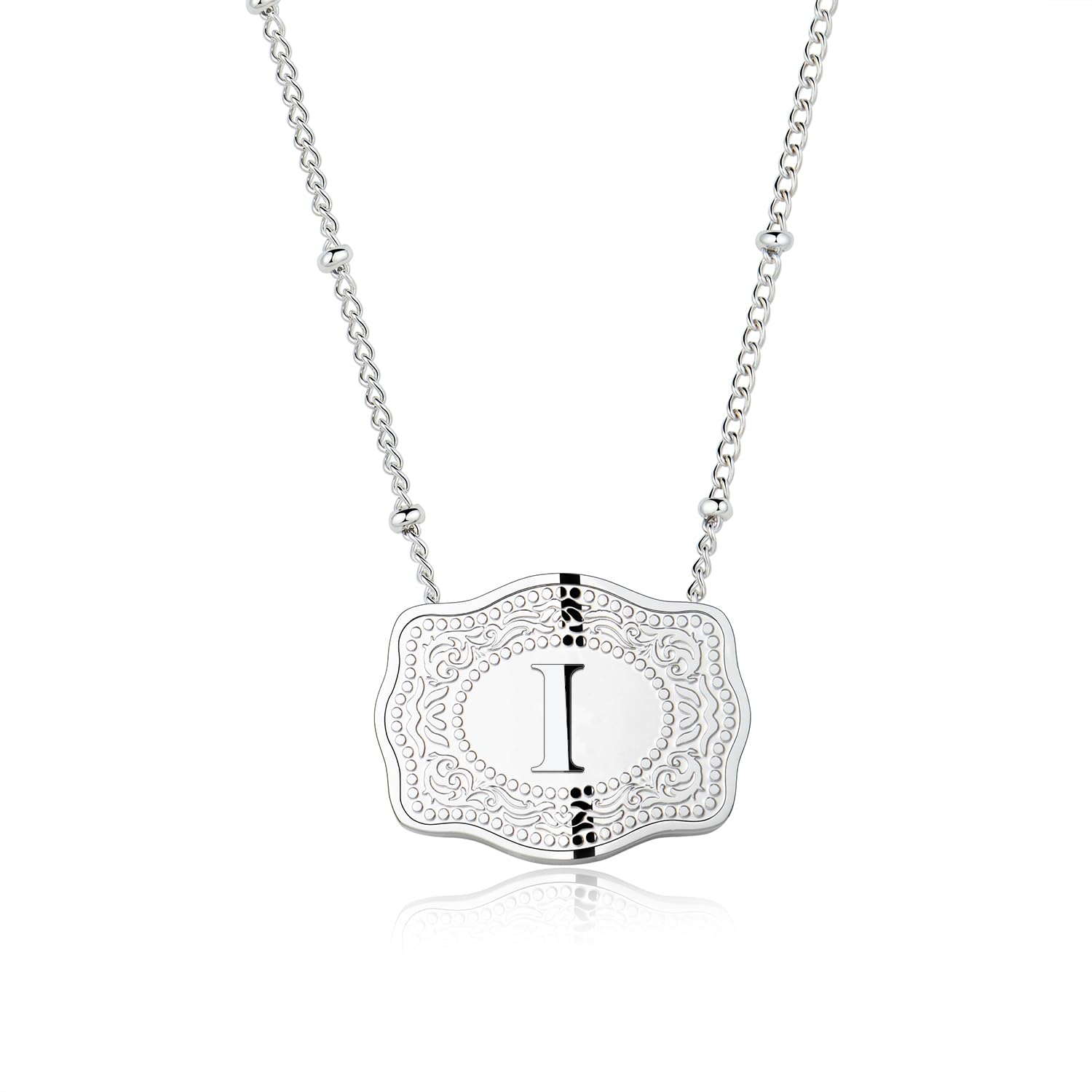 Holylegend Rhodium-Plated Initial Letter Pendant Necklace with Embossed Belt Buckle, Western Cowgirl Initial Necklace for Women, Buy 1 Get 2 Chains,
