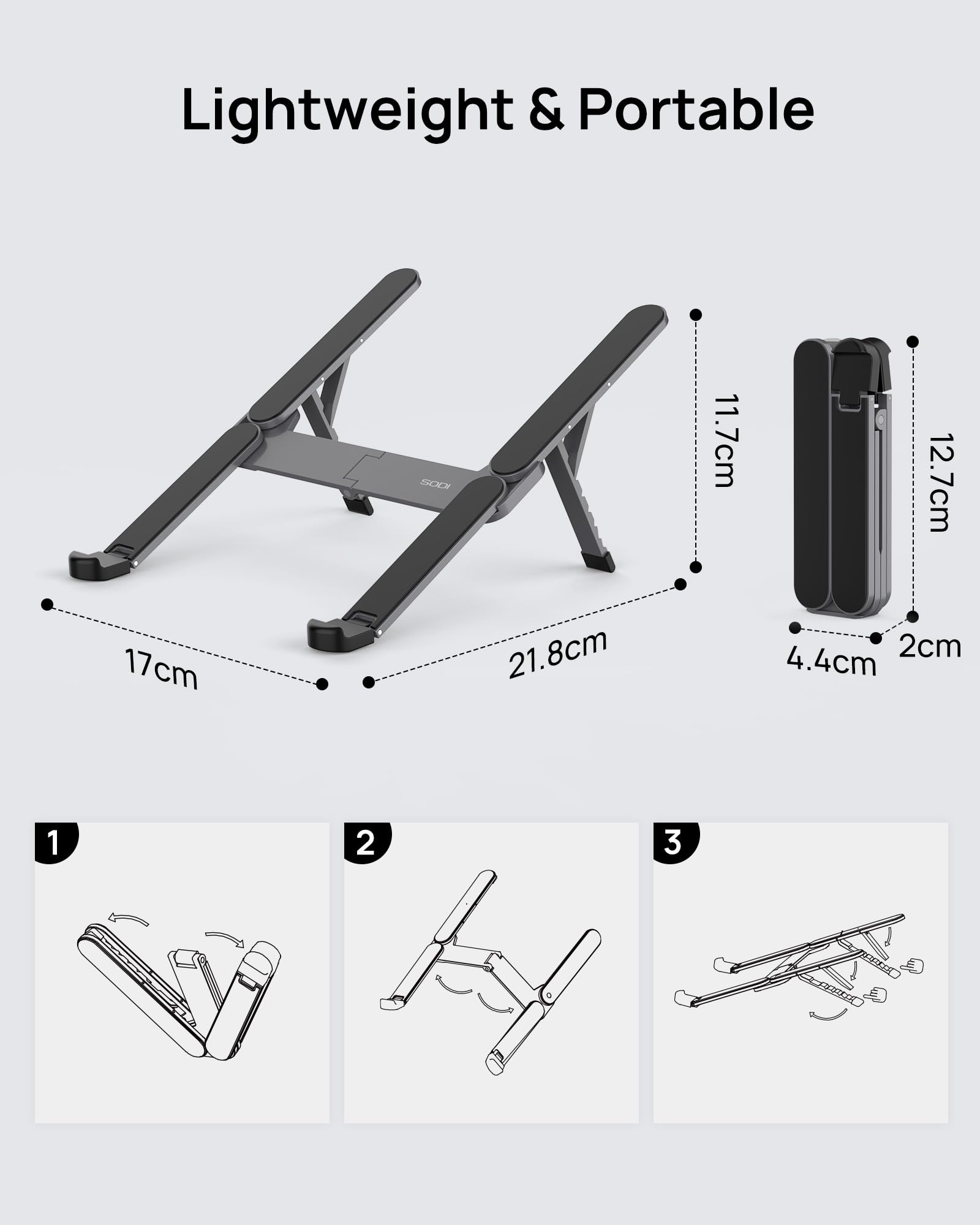[Ultra compacto] Soporte plegable y portátil para computadora portátil, soporte ligero para tableta para viajes de negocios, biblioteca, cafetería, soporte ergonómico de aluminio de 6 niveles de 8