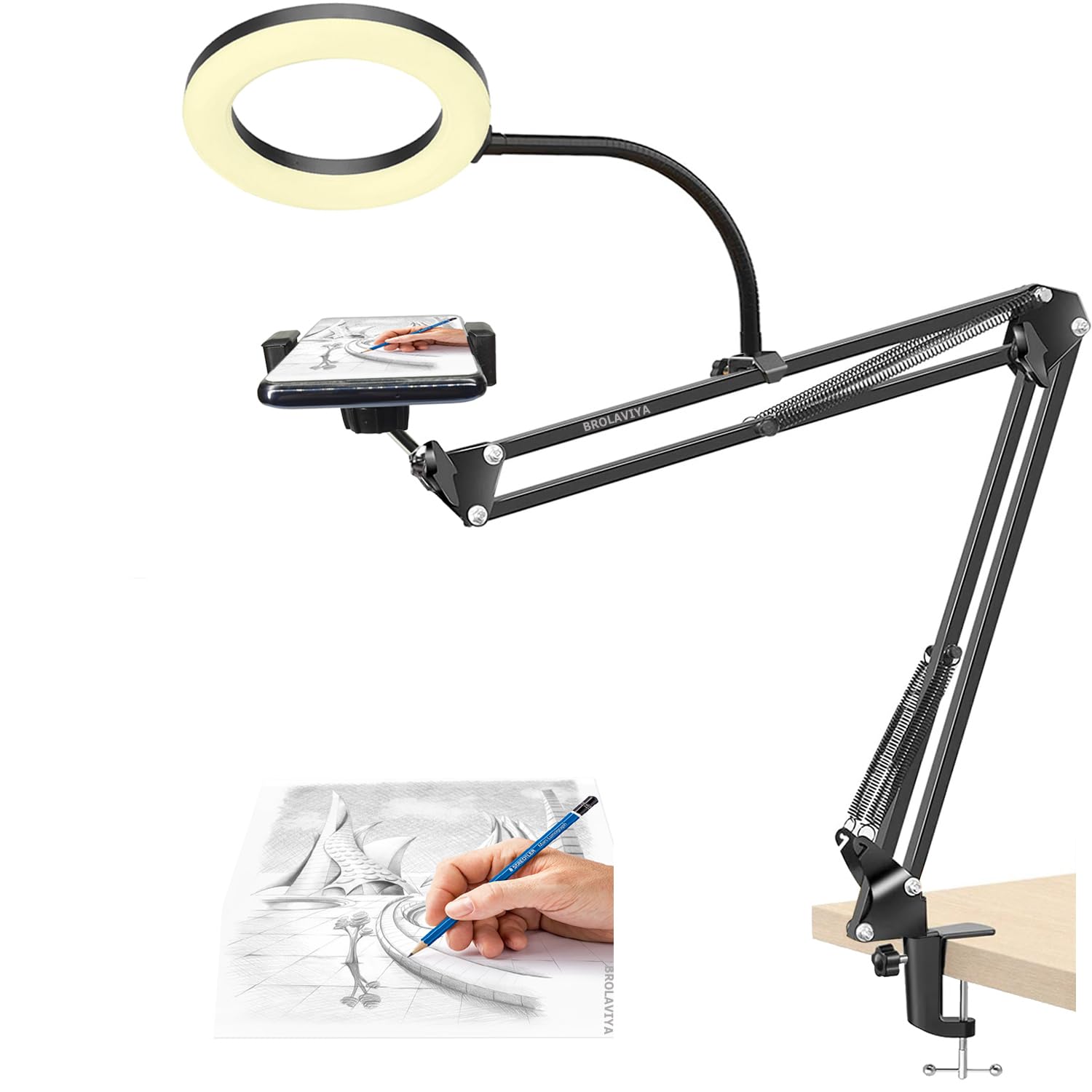 BROLAVIYA Overhead Video Stand with 6-inch Ring Light, Metal arm Body,1/4" Ball Head for Camera,Webcam,Gopro, with Mobile and Tablet Bracket for Overhead Video,Desktop,Bedroom, Office.-image-15