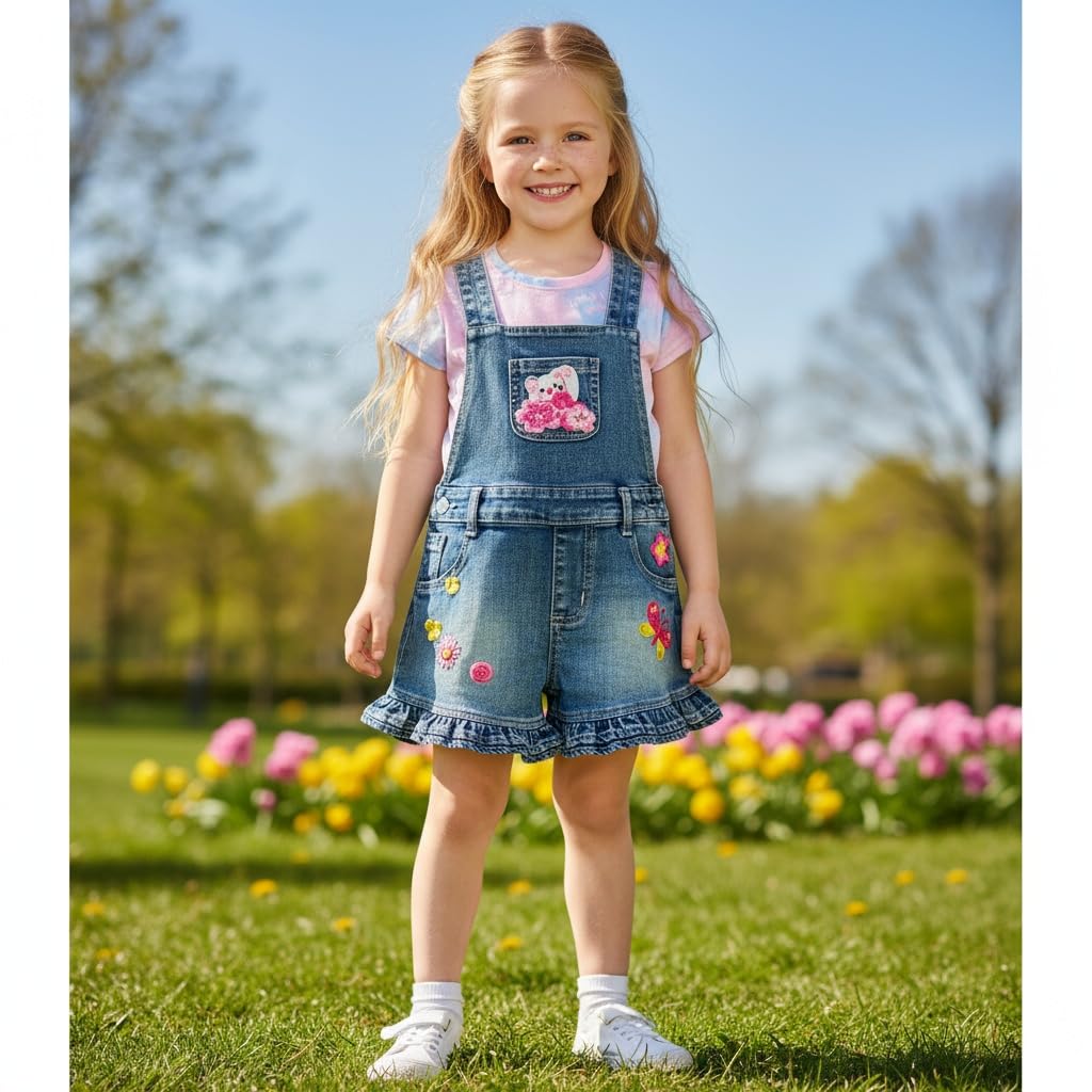 Peacolate 2-6 Ans Été Fille Ensemble de Vêtements 2Pcs Tenue Décontractée T-shirt à Manches et Jean Shots Salopette Courte