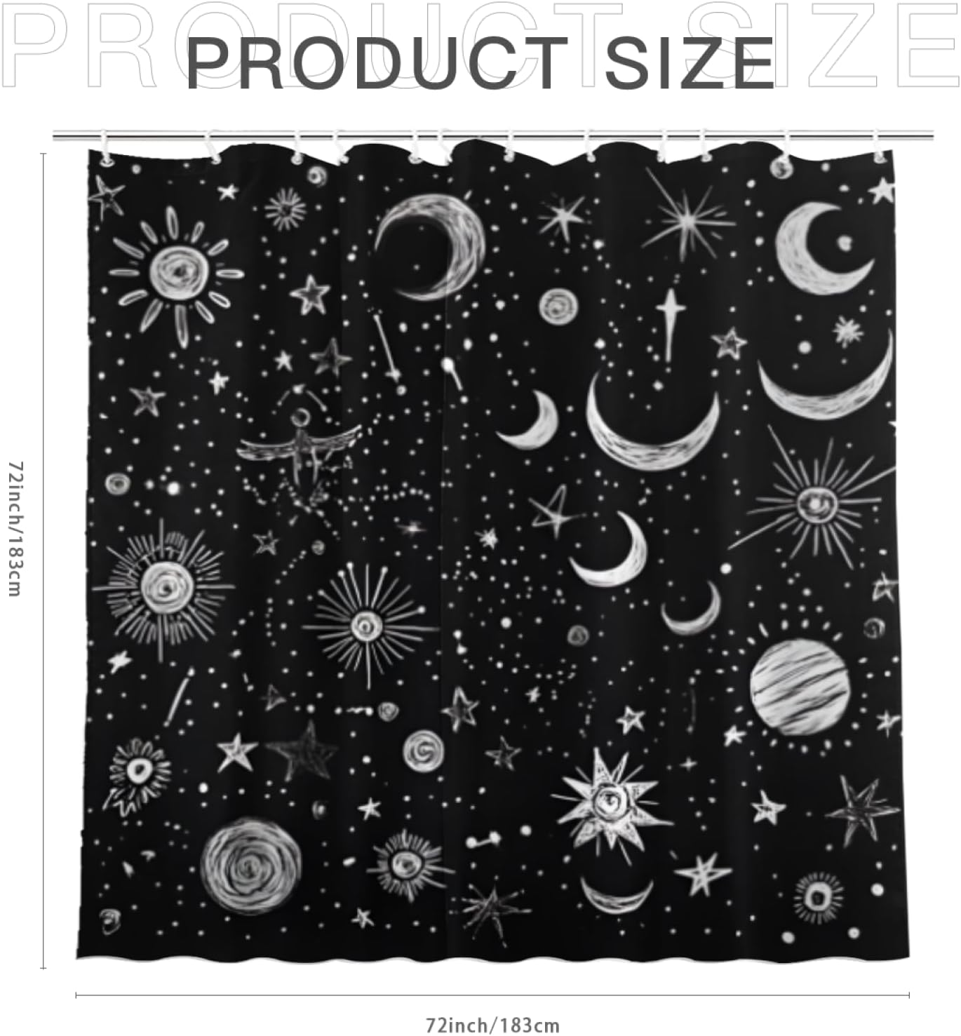 Celestial Shower Curtain, Black and White Moon Sun Stars Pattern, Waterproof Polyester, 72x72 Inches, Metal Buttonholes, 12 Hooks Included (Moon Sun Stars) image 3
