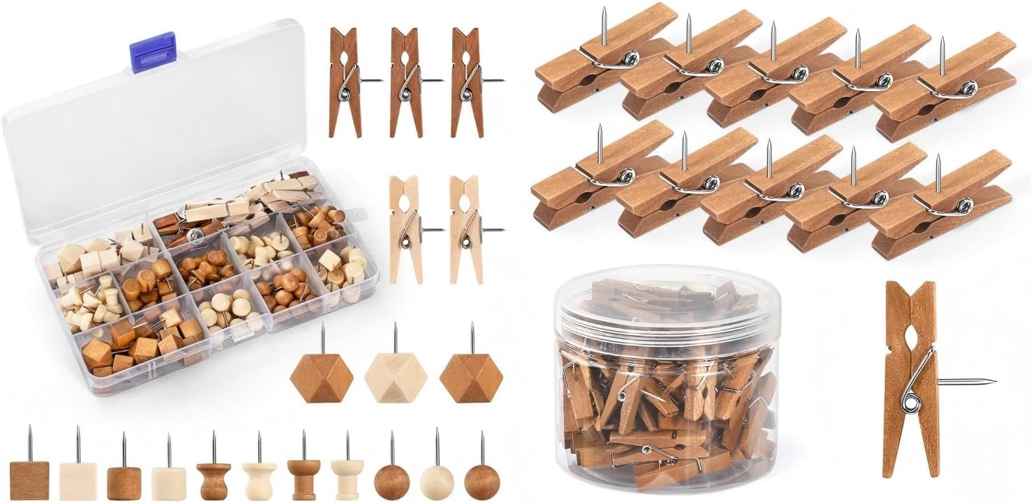114Pcs Decorative Push Pins in 7 Types and 2 Colors, with 50pcs Brown Wooden Push Pins with Clips, Wooden Thumb Tacks Clips for Cork Board Bulletin Board Wall Cubicle Crafts for Office Classroom