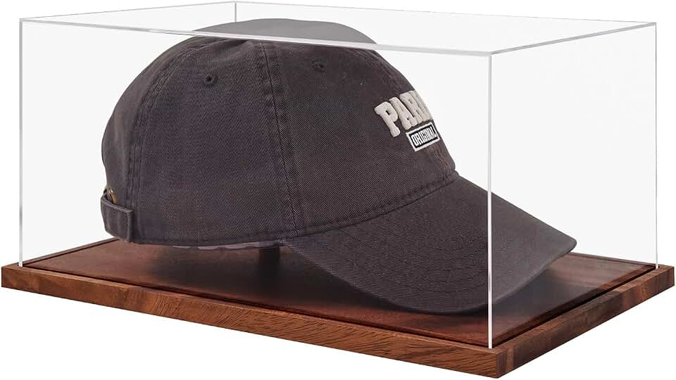 LiTY Vitrine Para Bonés, Sem Necessidade De Montagem, Suporte Acrílico Transparente Bonés Beisebol, Proteção Uv, Caixa Exibição Com Base Madeira Maciça E Modelador Chapéus