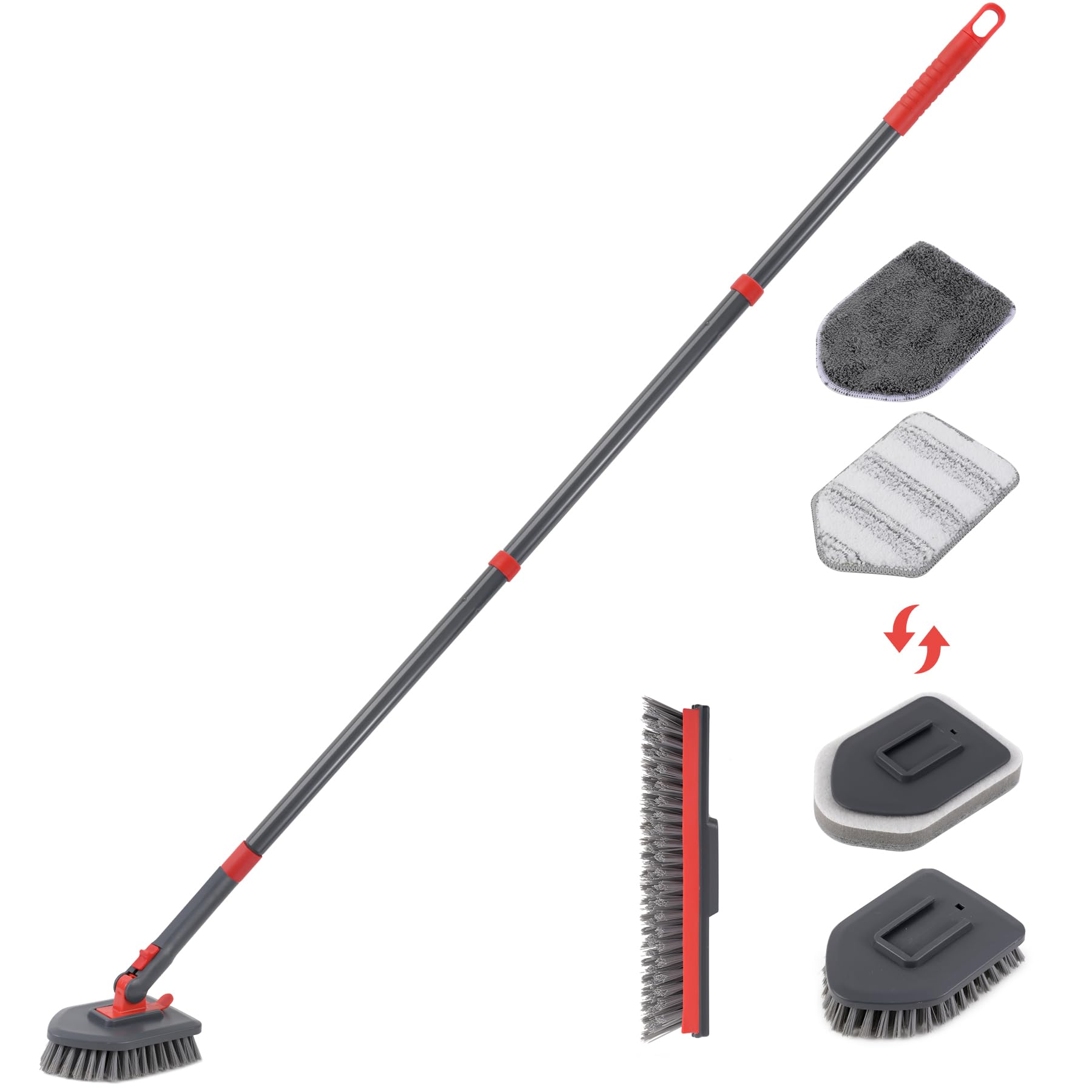 Tile Scrubber with Long Handle, Tub Scrubber, 49'' Scrub Brush with Detachable Pads and Grout Brush, Tile Brush for Cleaning Shower Bathroom Kitchen Wall - Red and Grey