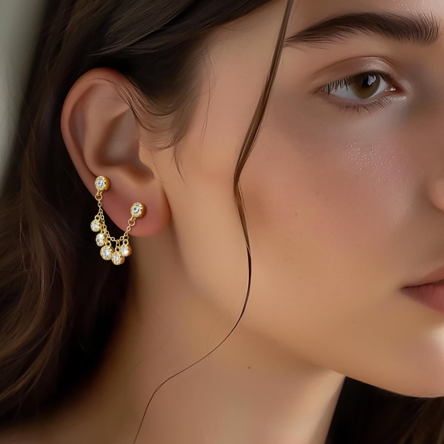 Gold Studs Earrings for Women 14K Gold Earrings for Women Double Piercing Chain Stud Earring for Womens Stud Innovative Double-Piercing Design with Cubic Zirconia Earring Studs for Womens - Image 6