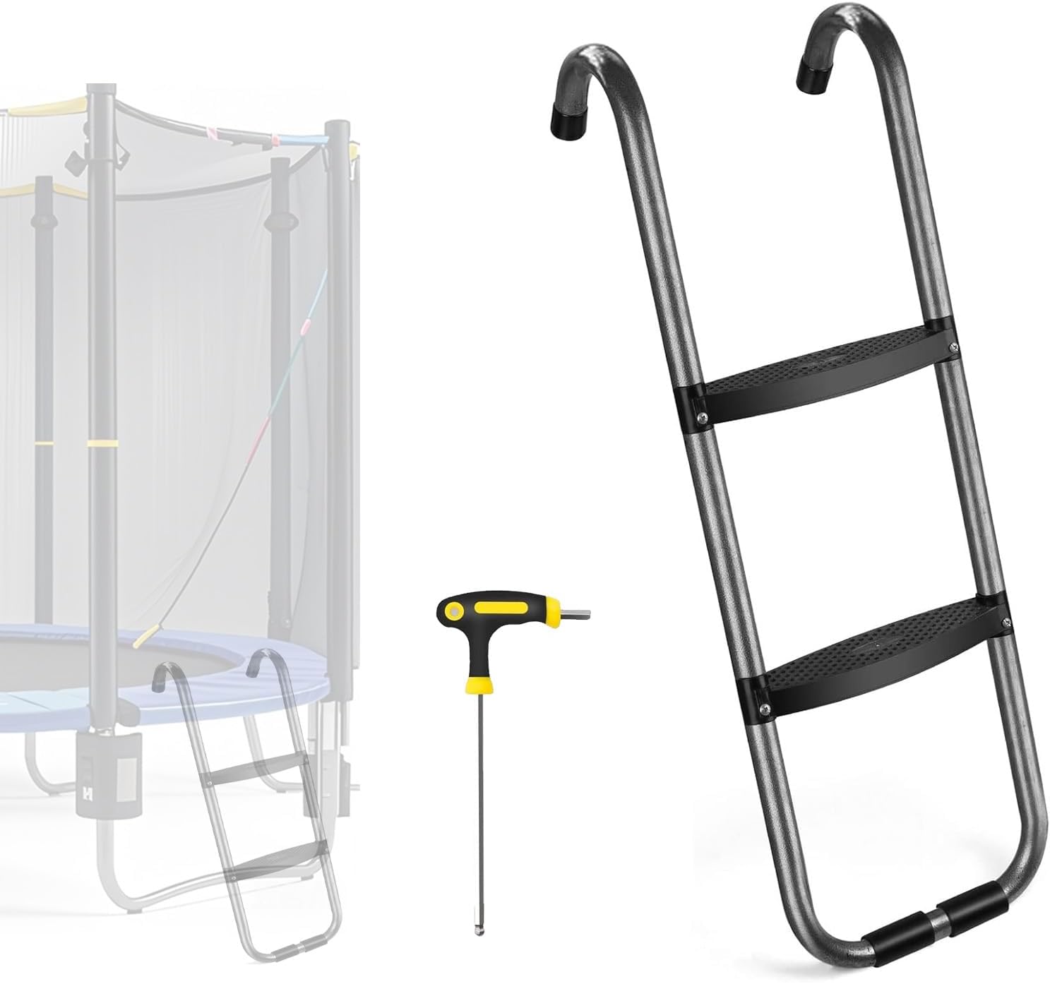 Universal Trampoline Ladder 2 Steps for Trampoline, Rust-Resistant Steel Ladder with Wide Skid-Proof Steps, 40inch Length Trampoline Accessories(inlude 2 Trampoline Stake