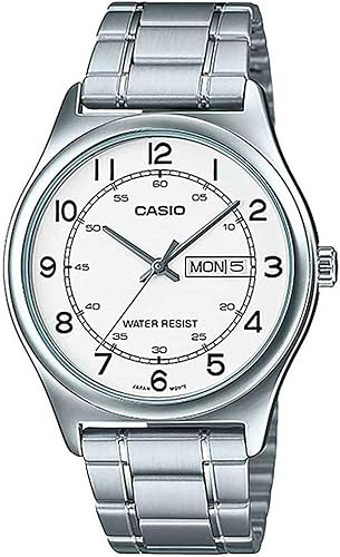 Casio MTP-V006D-7B2 Reloj de vestir analógico de acero inoxidable para hombre con esfera blanca y fecha, Movimiento de cuarzo
