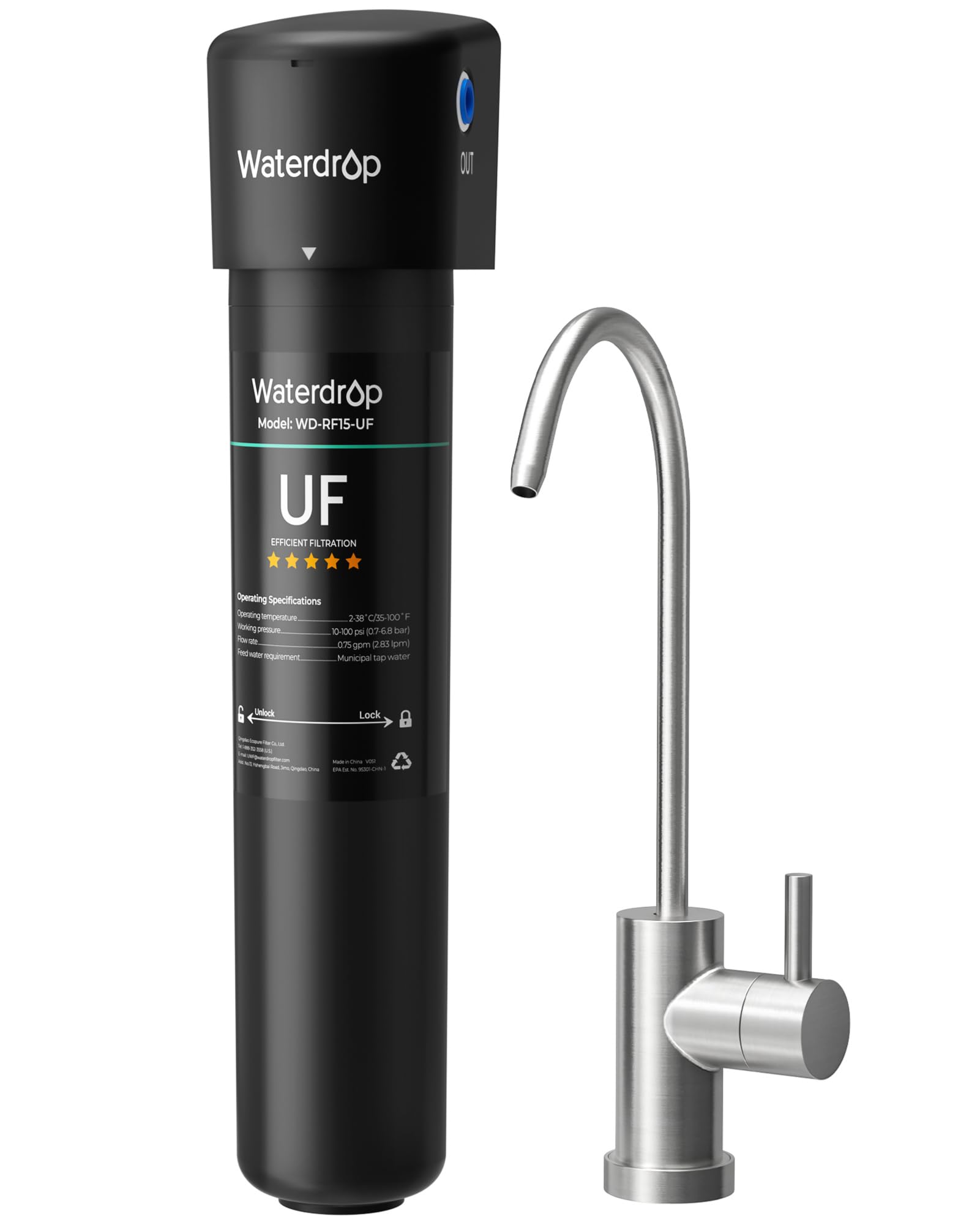 Waterdrop 15UB-UF 0.01 μm Ultra Filtration Under Sink Water Filter System for Baçtёria Reduction, Reduces Lead, Chlorine, Bad Taste & Odor, 19K Gallons, with Dedicated Brushed Nickel Faucet, USA Tech