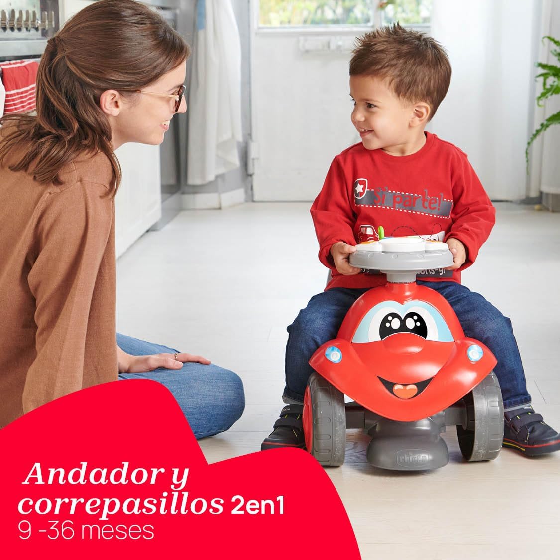 Chicco Billy Walk&Ride First Steps, 2-in-1 Walker and Driving Device, Easy Assembly, Ergonomic Handlebars, Wide Wheels, with Sounds and Driving Light, Recycled Plastic, 12-36 Months, Red