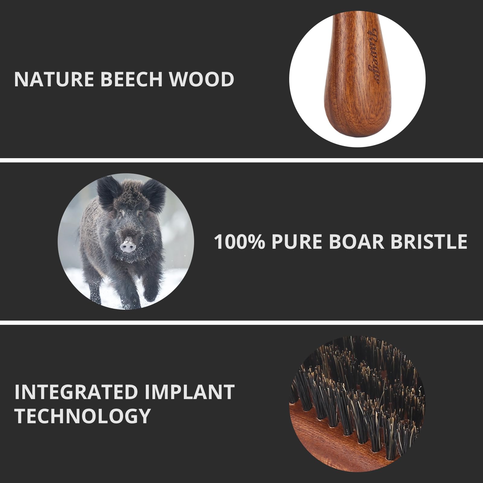 Bartbürste für Herren, 100 % Wildschweinborsten, Bürste für Berad & Kurzhaar, Entwirrung, verleiht natürlichen Glanz und Textur, peelt Haut und Kopfhaut