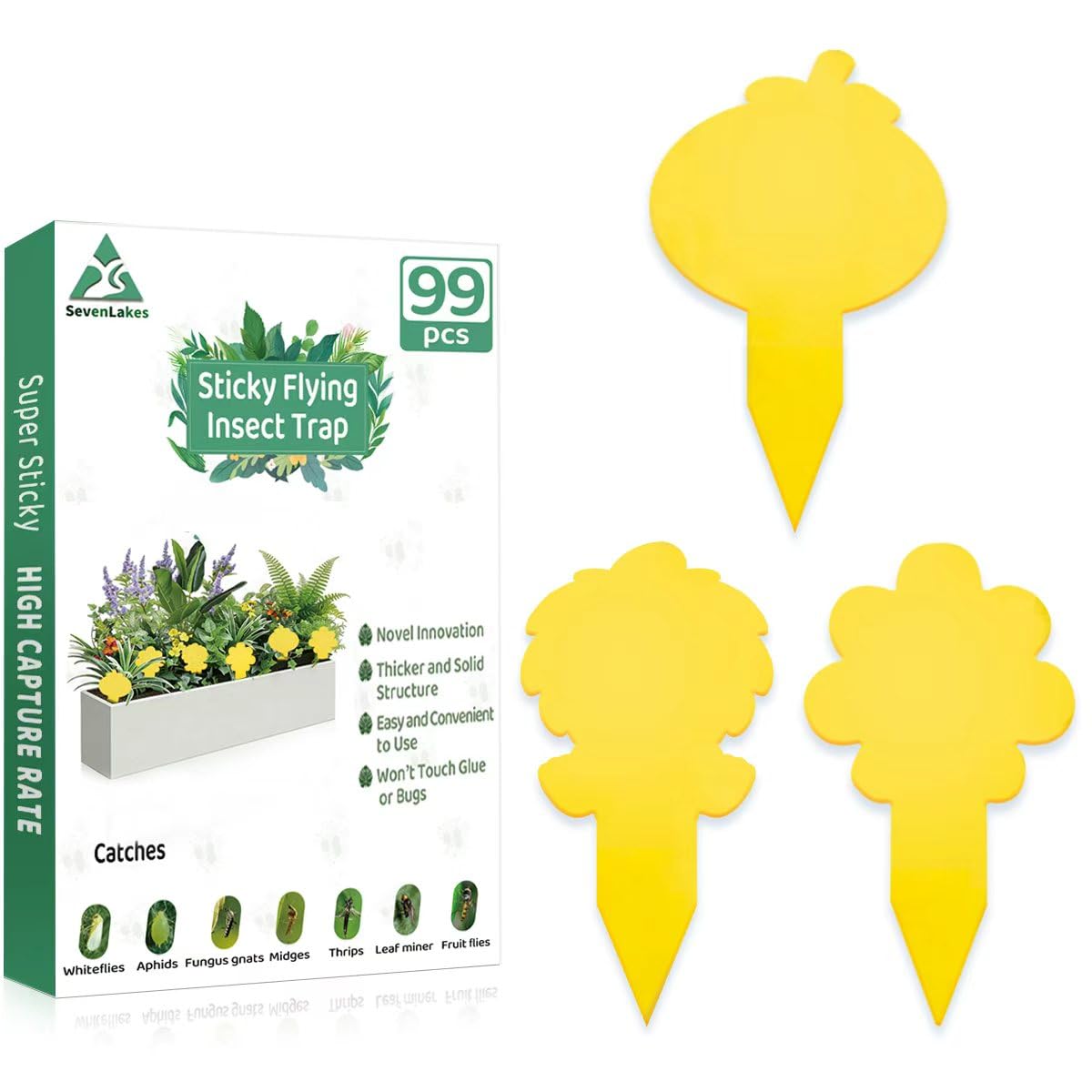 99 trampas de palo para plantas, trampas para mosquitos de hongos de doble cara con pala, seguras para interiores, color amarillo