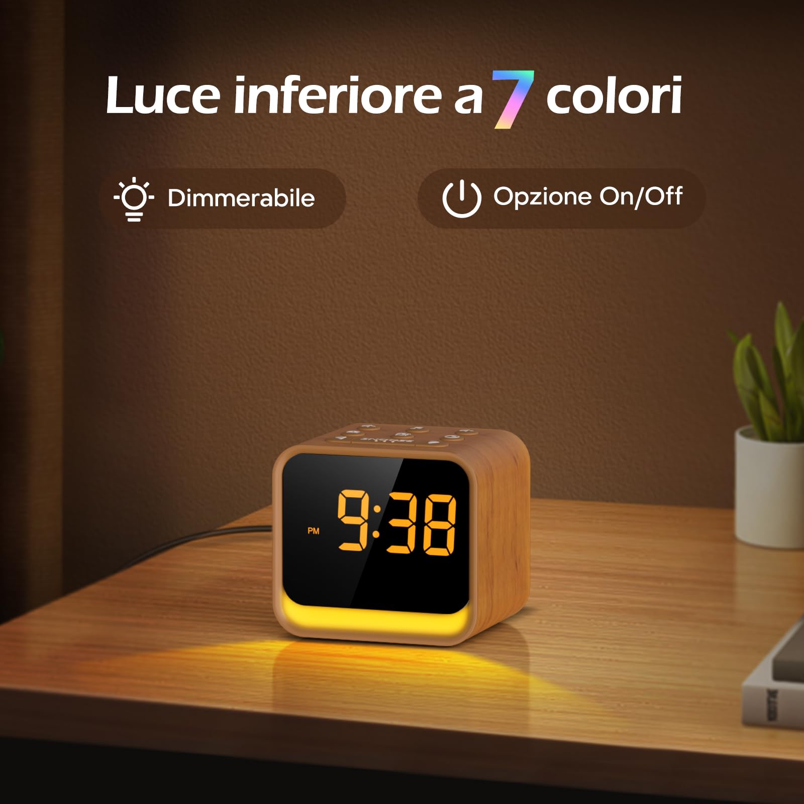Reacher Radiosveglia Digitale FM, Macchina del Rumore Bianco, 24 Suoni Rilassanti, Display Regolabile, 7 Colori Luce Notturna, Timer, Snooze