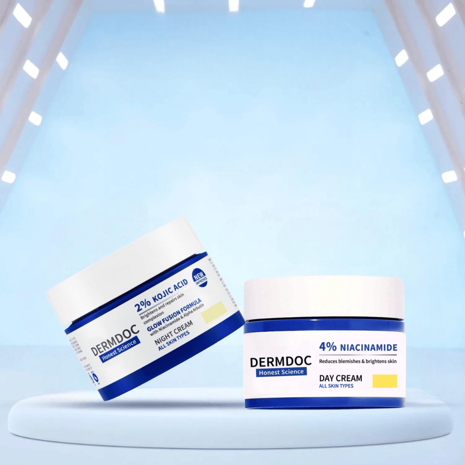 DERMDOC Ultimate Skin Brightening 4% Niacinamide Face Day Cream (50 gm) for Glowing Skin & Improved Texture + 2% Kojic Acid Night Cream (50 gm) with Niacinamide & Alpha Arbutin for Dark Spot Reduction, Anti-Aging, and Even-Toned Radiance – Pack of Two