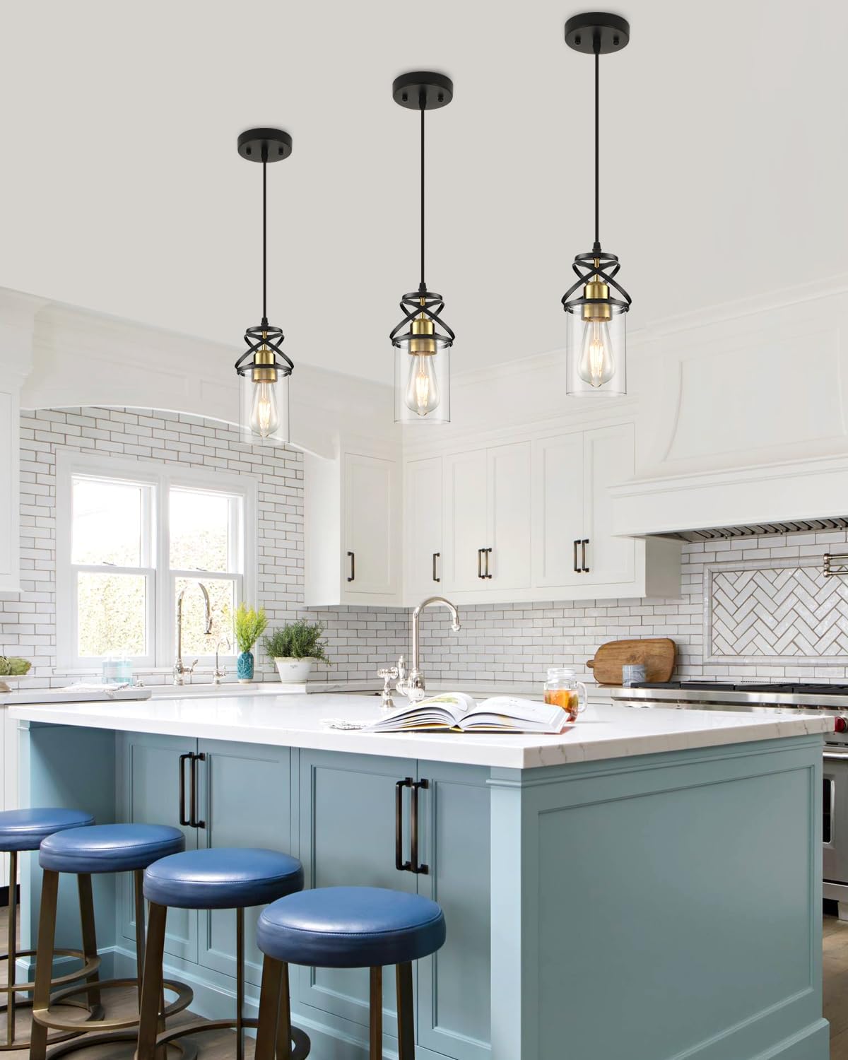 Modern Pendant Light Fixture, Black Gold Farmhouse Hanging Light for Kitchen Island, Industrial Clear Glass Pendant Lighting for Dining Room Bedroom, 3-Pack