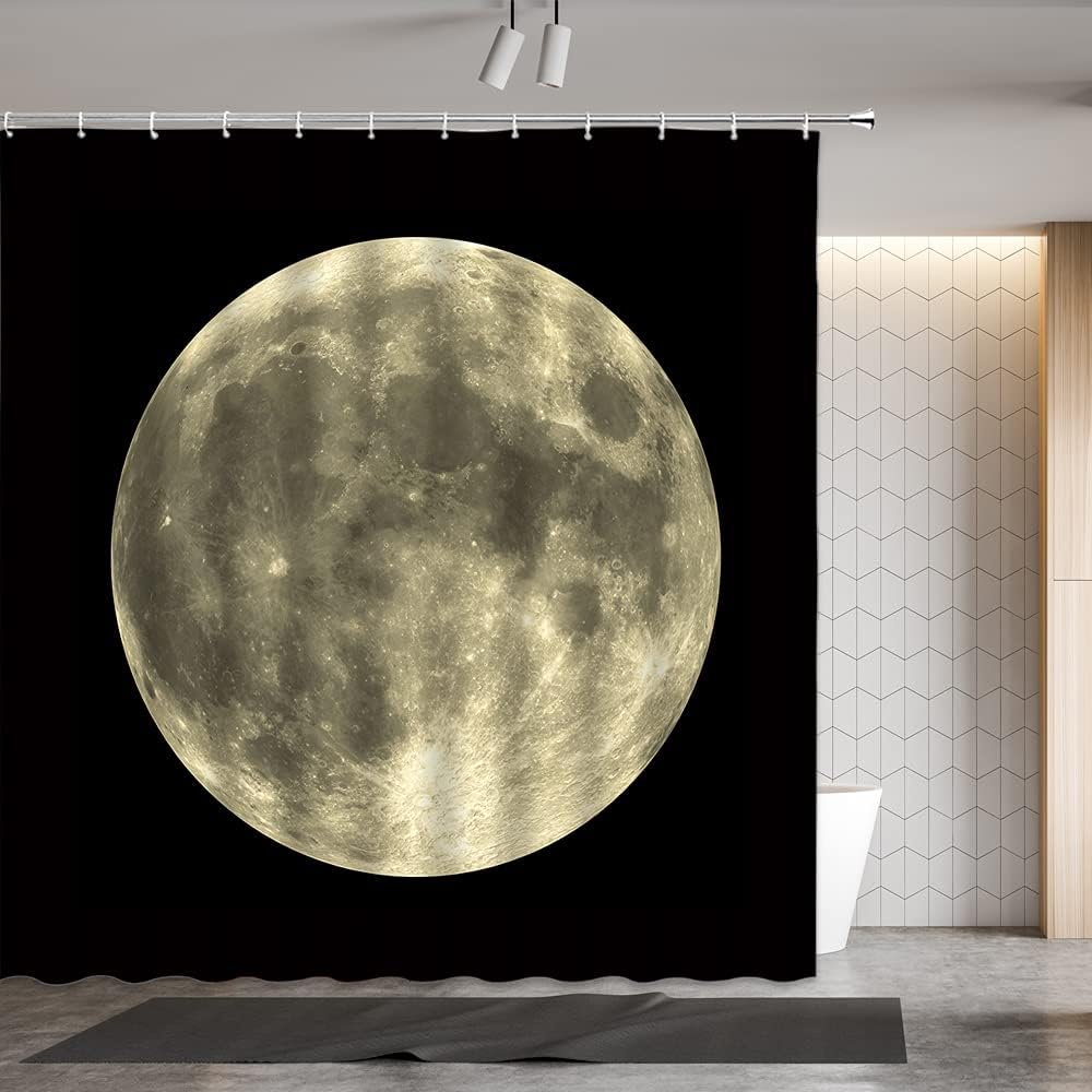 Full Moon Shower Curtain Mysterious Gray Planet Black Background Bathroom Decor Fabric Curtains with Hook 70Wx80H Inches