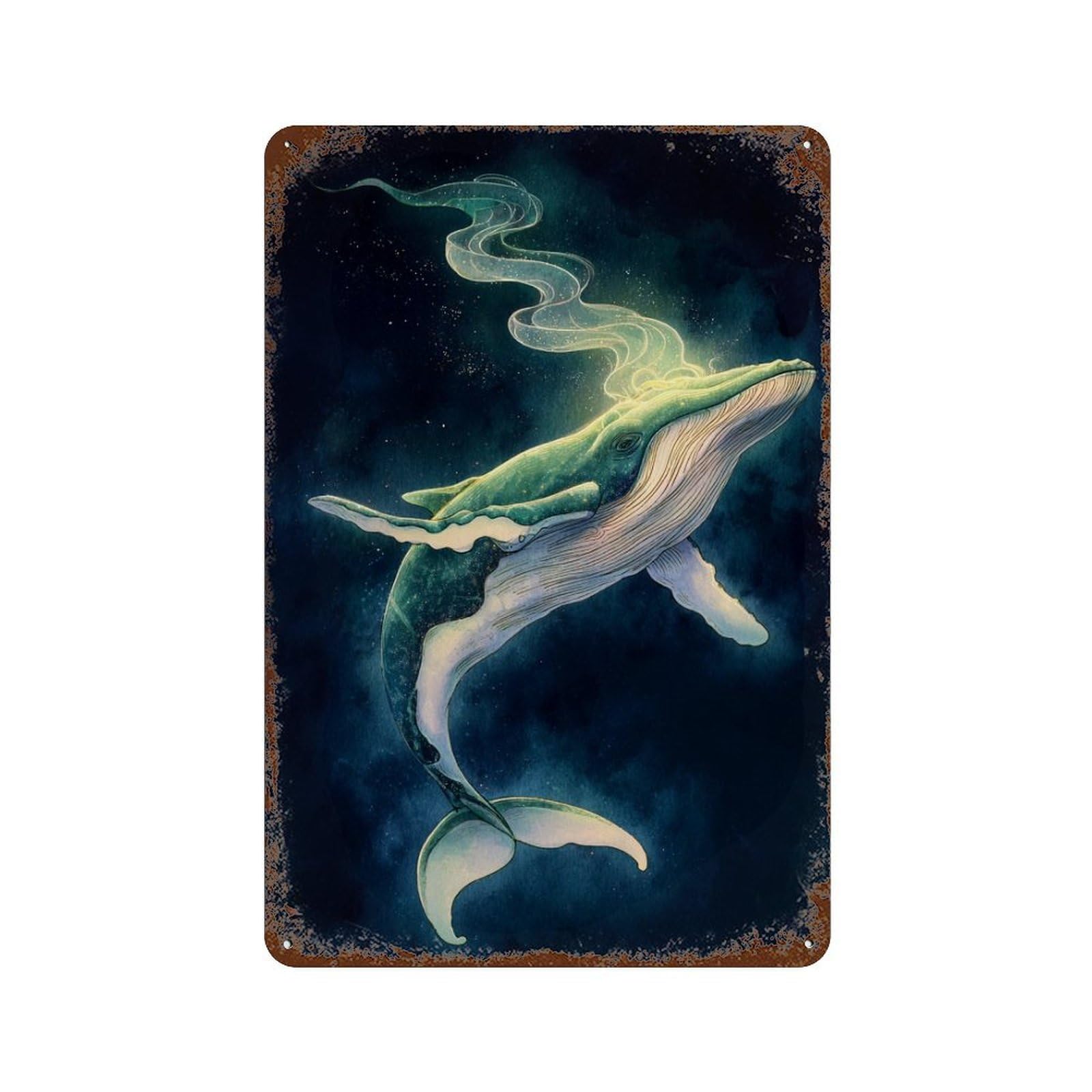Weathered Tin Sign with Whale Dreaming in Space Design 11.8"x7.9", for Office, Studio And Wall Decor, Retro Wall Decor