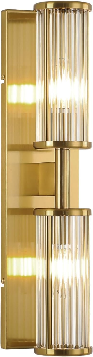 2-Light Gold Vanity Lights in Brushed Brass, Industrial Bathroom Light Fixtures with Glass Rod Shades, Modern Mirror Lights for Bedroom & Bathroom, Wall Sconces for Makeup Vanity Brushed Brass 20 Inch