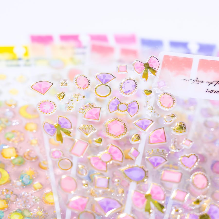 Image of Aesthetic Gem & Heart Stickers Set - Luxury Crystal Style Decorative Stickers for Journaling, Scrapbooking, Planner Decoration, Nail Art & DIY Crafts (Pastel & Gold Foil Designs)