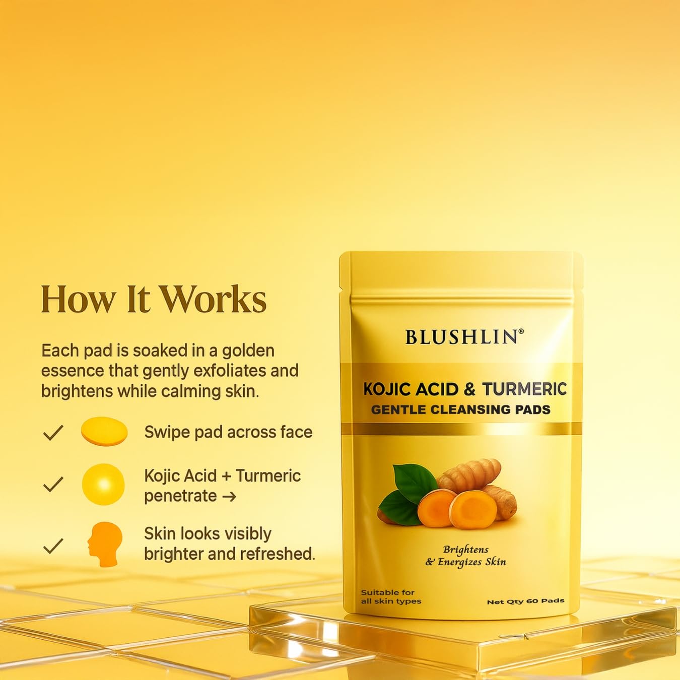 BLUSHLIN kojic acid and turmeric cleansing pads 60 Count β Dark Spot Removal, Skin Brightening & Acne Care | With Vitamin C, Retinol & Chamomile | Makeup Remover | For Women & Men | All Skin Types | 60 Pads (Pack of 1) 2