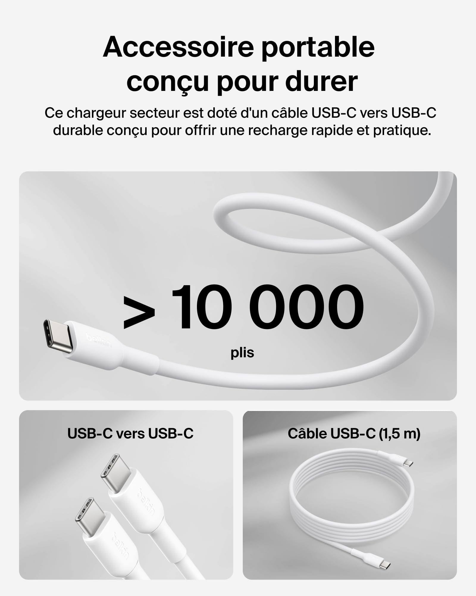 Belkin BoostCharge Chargeur Secteur GaN USB-C 100 W, Chargeur Compact Et Pliable, Recharge Rapide, pour iPhone 17, Samsung Galaxy S26, Pixel 10, Tablette, MacBook, Câble USB-C 1,5 m Fourni - Blanc