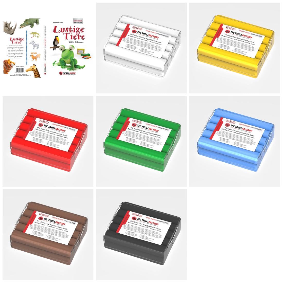 TFC Troll Factory Super Clay - Pasta da modellare, 7 x 500 g, multicolore con libro: il mio libro di impasto, di alta qualità, con istruzioni incluse (lingua italiana non garantita), per figure