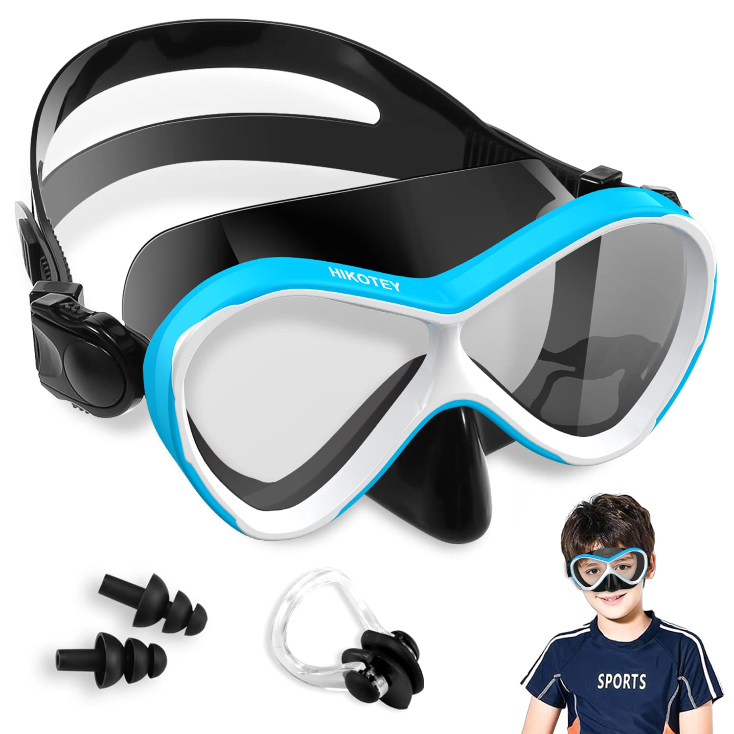 HIKOTEY Gafas de buceo para niños (4 – 12 años), máscara de buceo con tapones para los oídos y pinzas para la nariz incluidos, correa de silicona ajustable, máscara de esnórquel antifugas para niños,