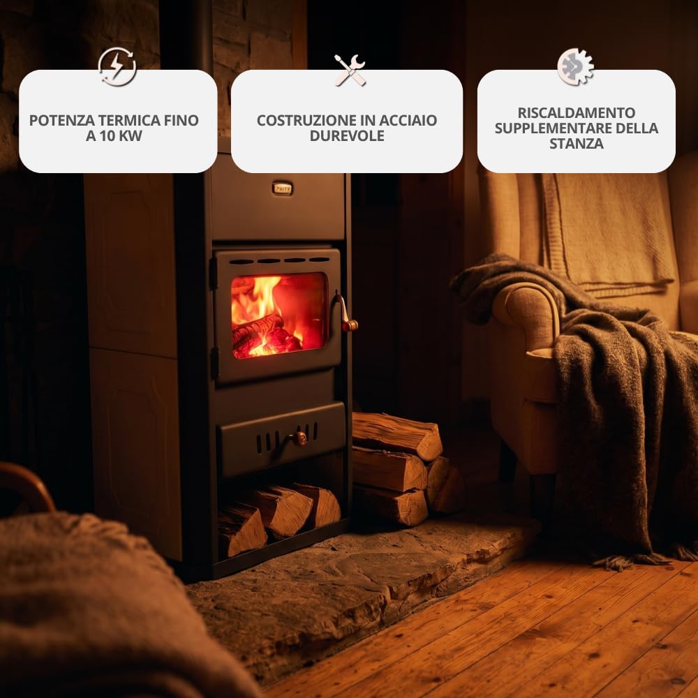 Prity S1 W10 Stufa a legna con acquatoio 10 kW | Riscaldamento centralizzato | Certificazione CE | Stufa a legna autoportante
