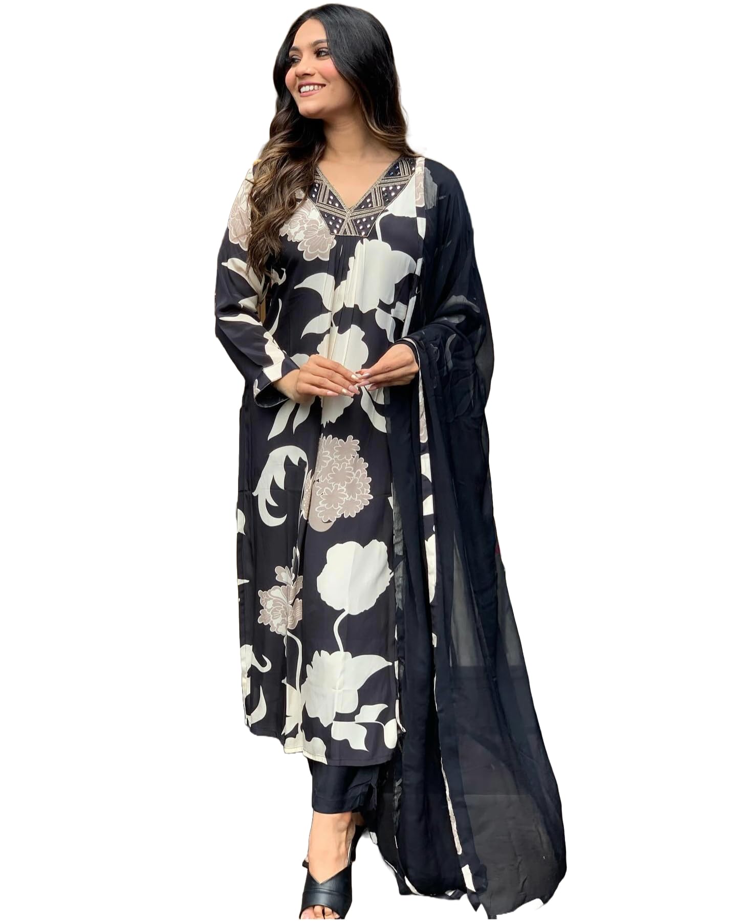 GoSriKi Womens Rayon Blend Straight Printed Kurta with Pant & Dupatta (KALAL Black-GS_XL_Black_X-Large) (B0CVXQYDST) Amazon Price History, Amazon Price Tracker