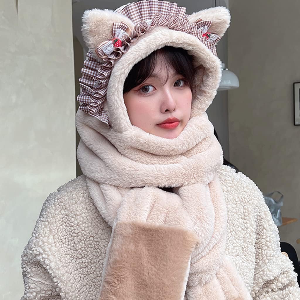 Scarf,3 in 1 Set Plush for Cat Ear Hat Scarf Gloves Beanie Hat Mitten with Pockets for Winter Daily Wear Scarf(Pink)