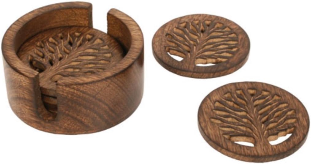 Shared Earth Fair Trade Hand Carved Tree Of Life Mango Wood 6 Coaster Set