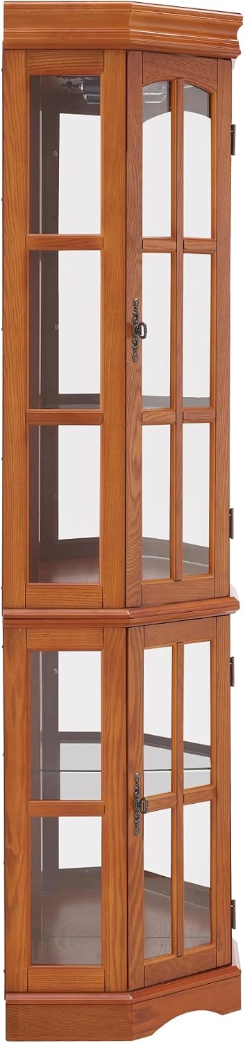 Corner Curio Cabinet with 5 Shelves and Lighting System, Oak(E26 Light Bulb not Included)