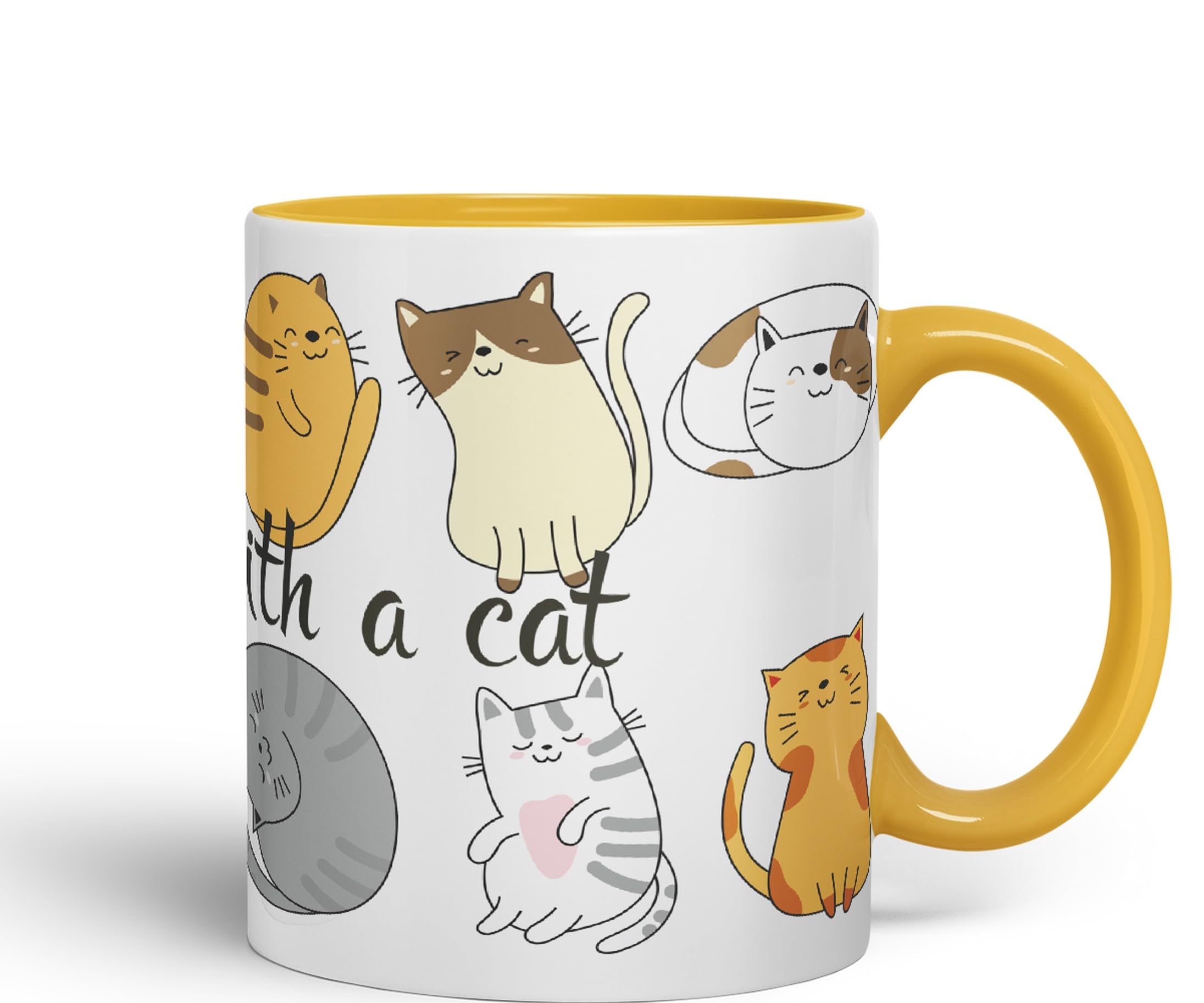 Vixar Life is Better with a cat Ceramic Coloured Mug Cup Gift Tea Coffee Christmas Office Home Cat Lovers (G Yellow) - Image 2
