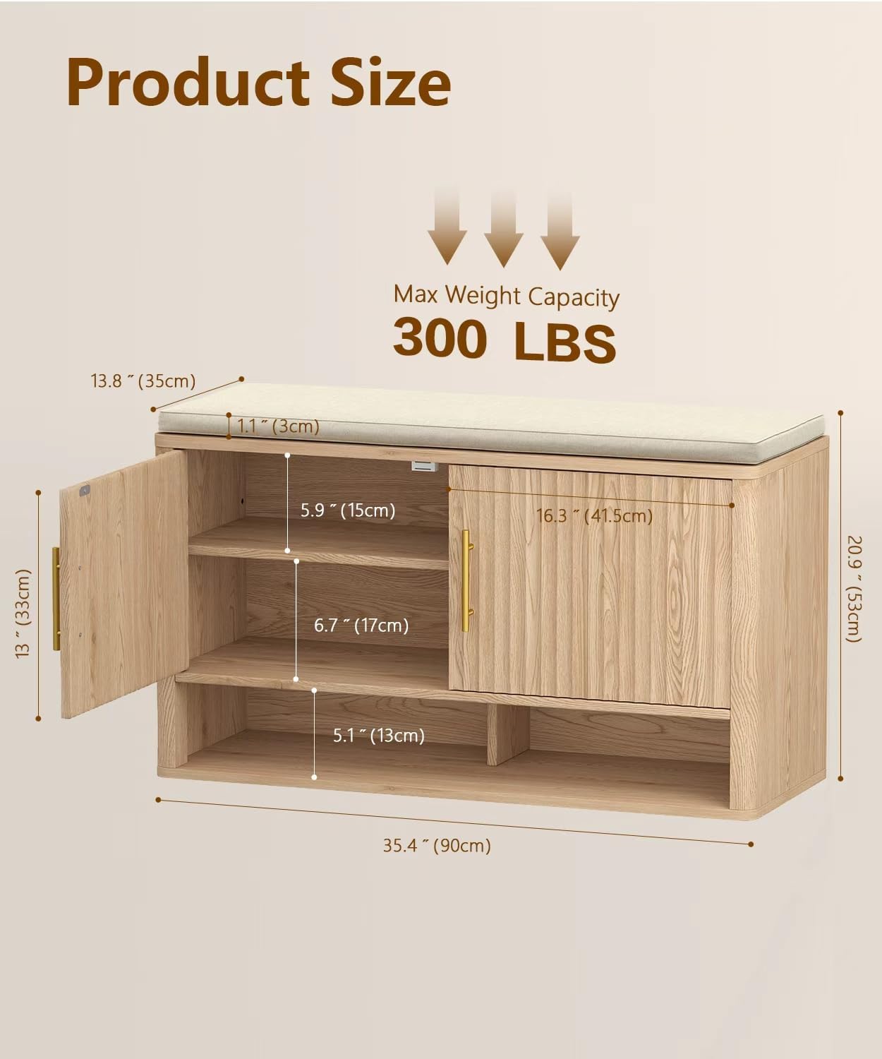 Fluted Shoe Storage Bench with Cushion, 3-Tier Entryway Bench with Adjustable Shelves and Open Bottom Shelf, Hidden Shoe Organizer Cabinet, for Hallway, Living Room, Bedroom, Natural Oak