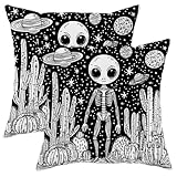 Juego de 2 fundas de almohada de esqueleto alienígena, funda de almohada decorativa de cactus negro, decoración cósmica para el hogar, sofá, cama, sofá, 16 x 16 pulgadas