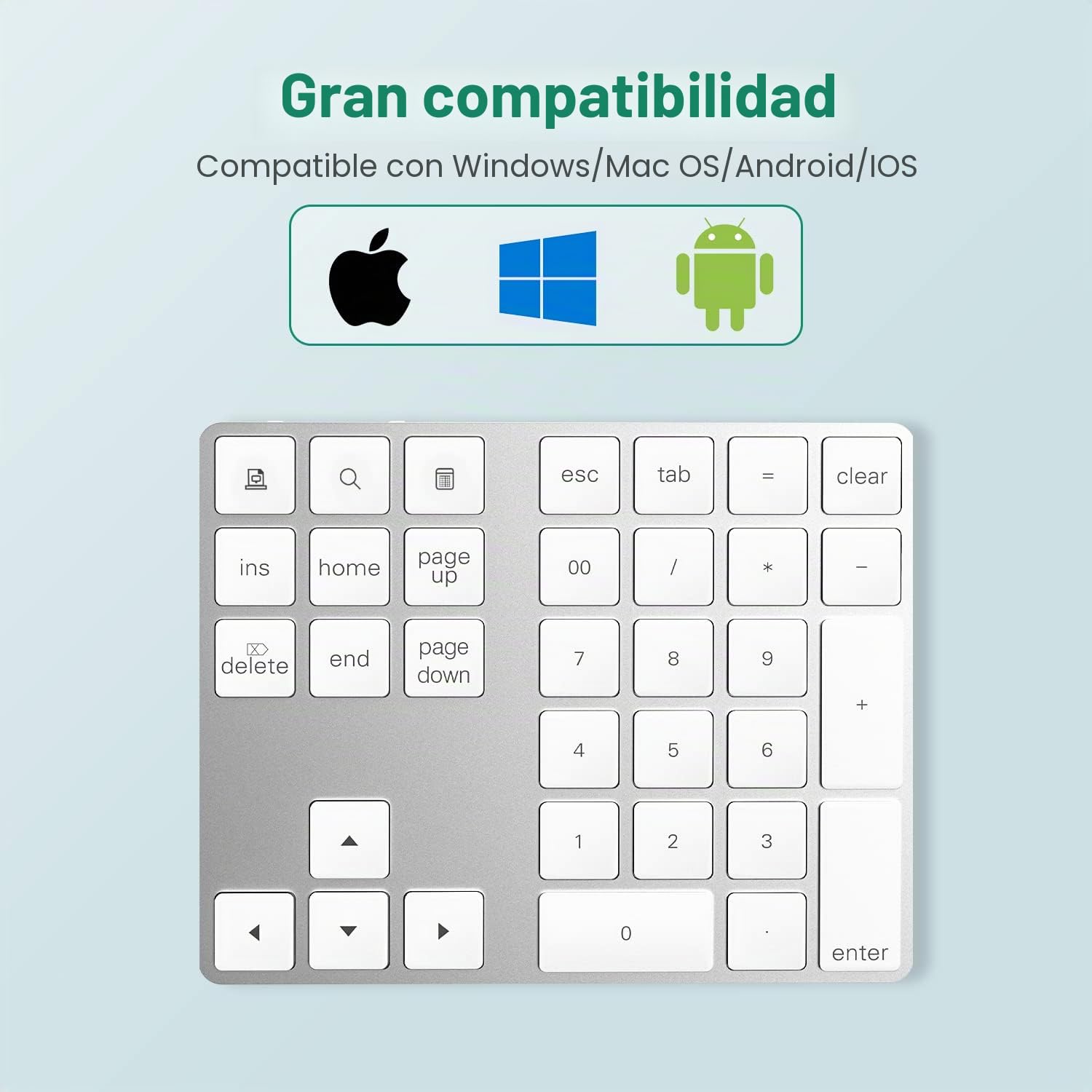 Teclado Numérico Inalámbrico, Mini Teclado Bluetooth con 34 Teclas para Apple PC soporta Sistema Windows, iOS, Android, Plata
