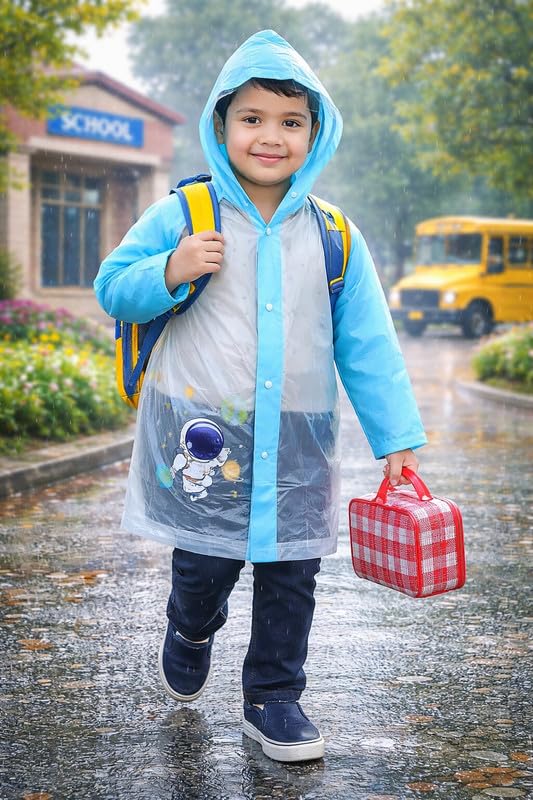 Image of Kids Waterproof Long Raincoat for Boys & Girls | Lightweight Hooded Rainwear with Pockets | Full-Length Rain Coat for School, Travel & Outdoor Use