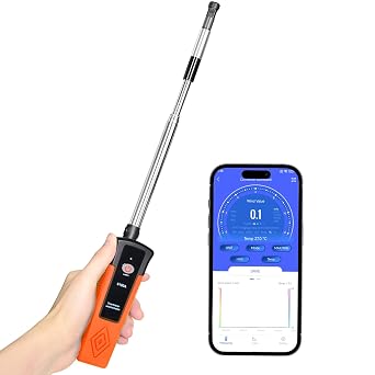 Hotwire Anemometer with Bluetooth, AP-9100A Digital Wind Speed Meter Air Flow Velocity Gauge CFM/CMM, Telescopic Probe Hot Wire Air Velocity & Temperature Tester for HVAC, Ventilation, Ducting