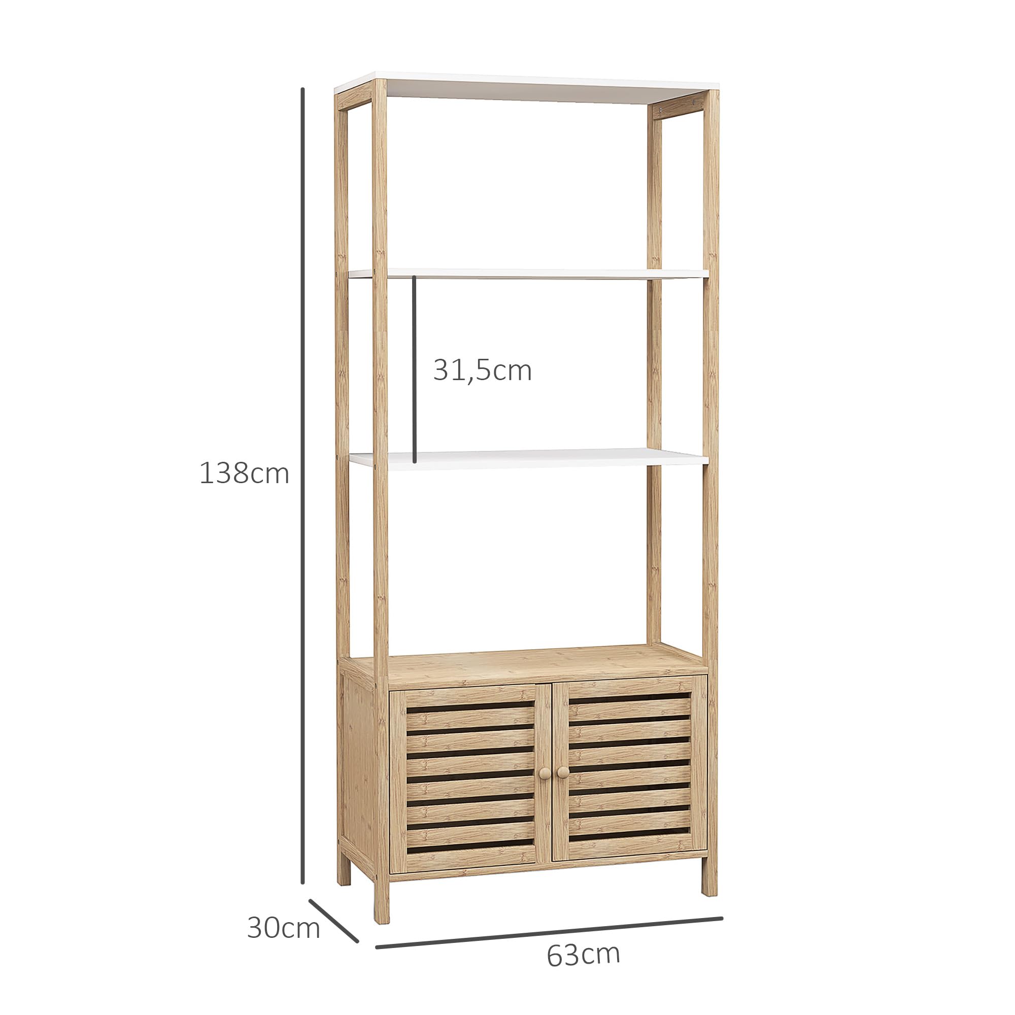 HOMCOM Estantería de Baño de Bambú con 3 Estantes Abiertos Estantería de Almacenaje con Puertas de Lamas 63x30x138 cm Natural y Blanco