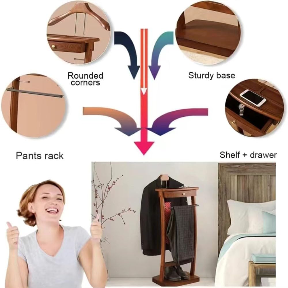 Generico Servomuto Indipendente con Base Stabile, servomuto per Uomo, Appendiabiti in Legno, servomuto con portacravatte, servomuto con Staffa per Pantaloni, per Soggiorno, Ufficio, Camera da Letto