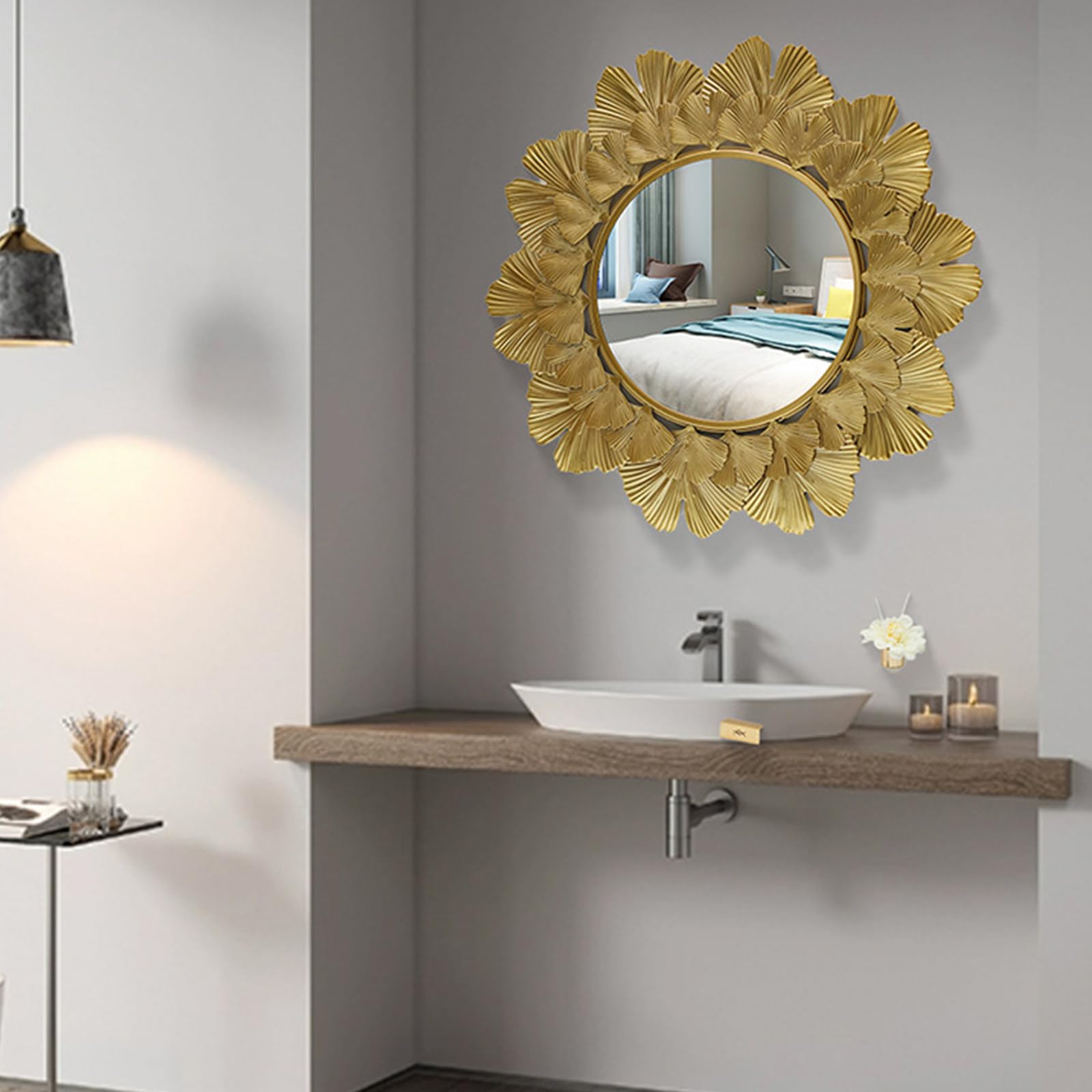Espejo decorativo para el sol, metal, hoja de oro, espejo redondo para baño, diámetro exterior 37 cm, espejo de 15 cm (dorado)