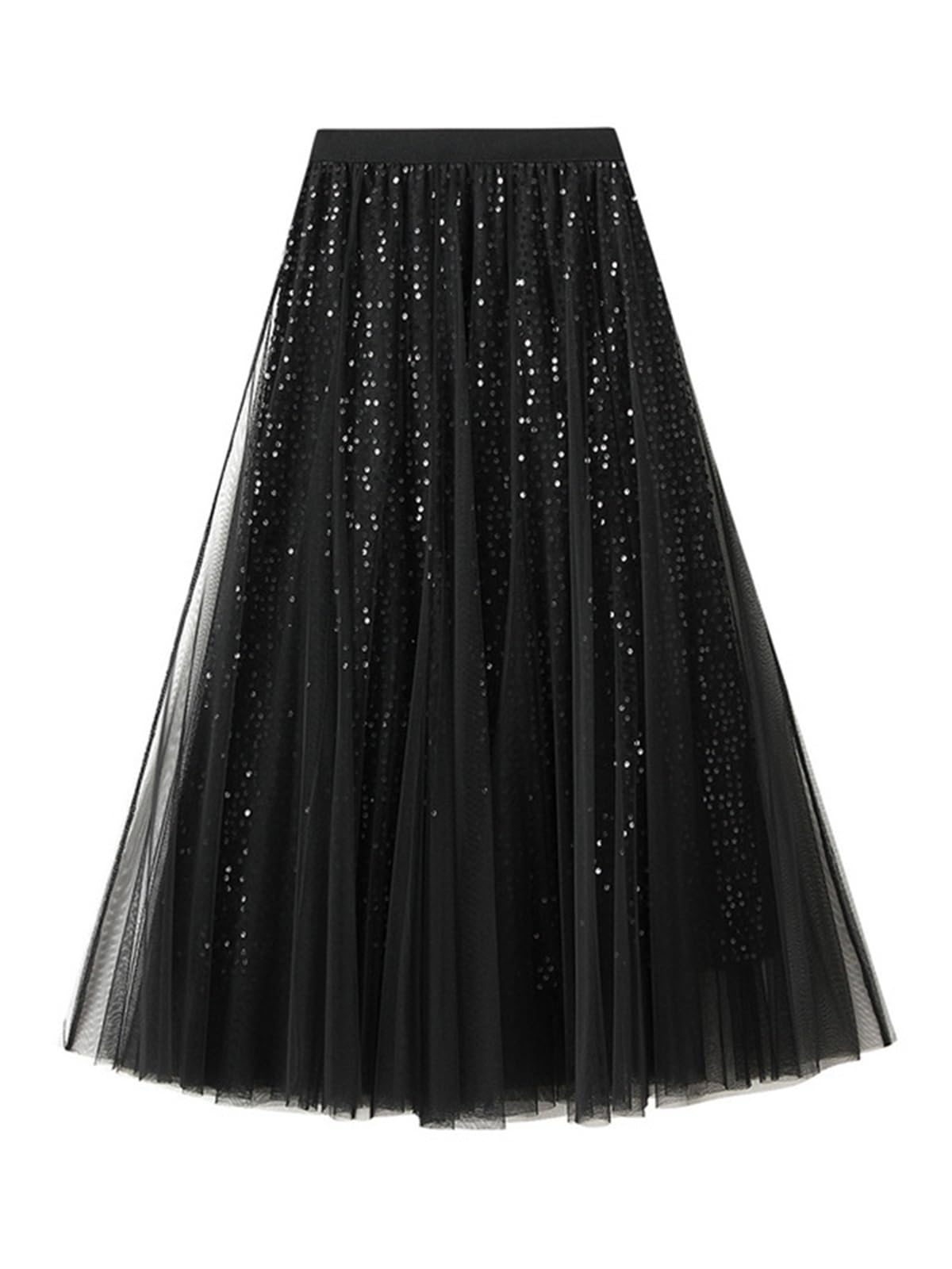 Gonne con paillettes a rete da donna lunghe a vita alta in tulle midi nero | Gonne Gonna lunga in tulle nera a vita alta con paillettes for donna Gonna torta con volant