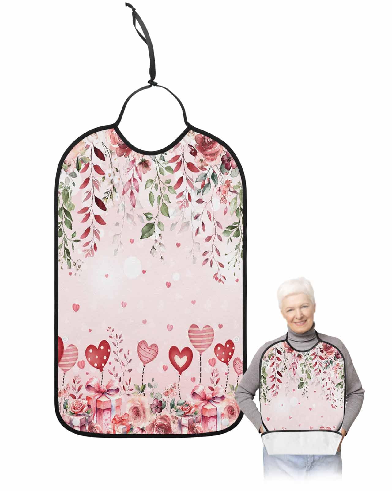 LEOKOTI Pink Floral Valentine Adult Bibs for Eating, Waterproof Bibs with Food Catcher & Adjustable Snap Closure, Spring Botanical Love Heart Pink Washable Clothing Protectors Adult Bibs for Elderly
