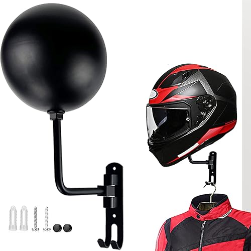 Zeculay Helmet Holder Wall Mount Motorcycle Helmet Rack 180 Degrees Rotation Metal Helmet Hanger with 1 Spherical Surface 2 Hooks Motorcycle