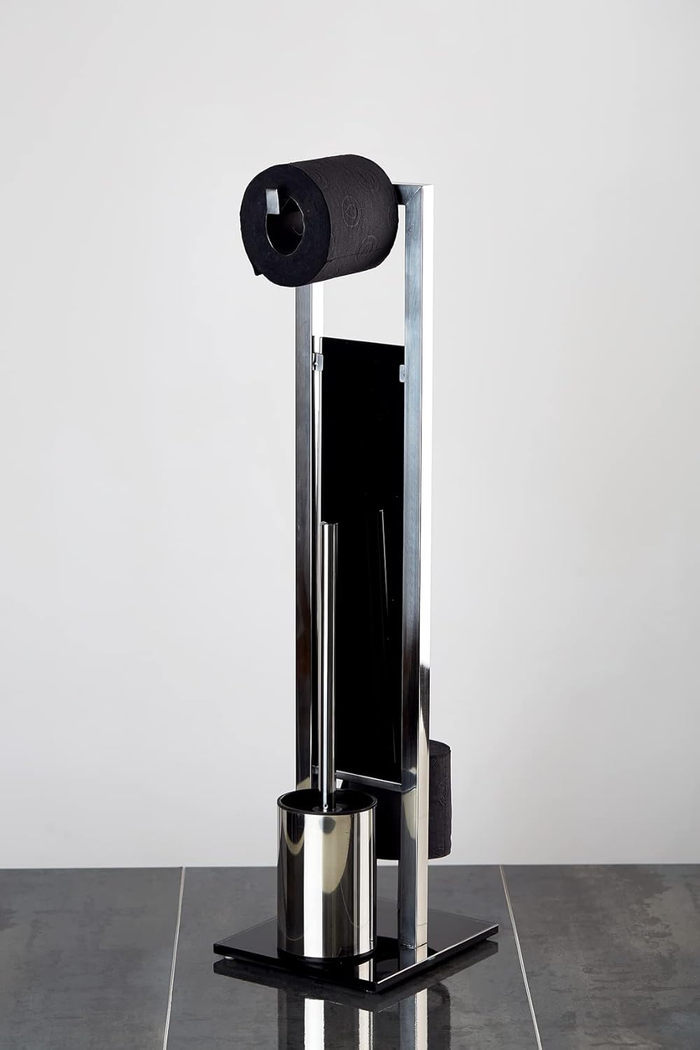 WENKO Toilet Paper Stand with Toilet Brush and Spare Roll Holder, Toilet Paper Holder Stand, Toilet Paper Roll Holder, Shiny 7.09 x 27.56 x 7.68 in