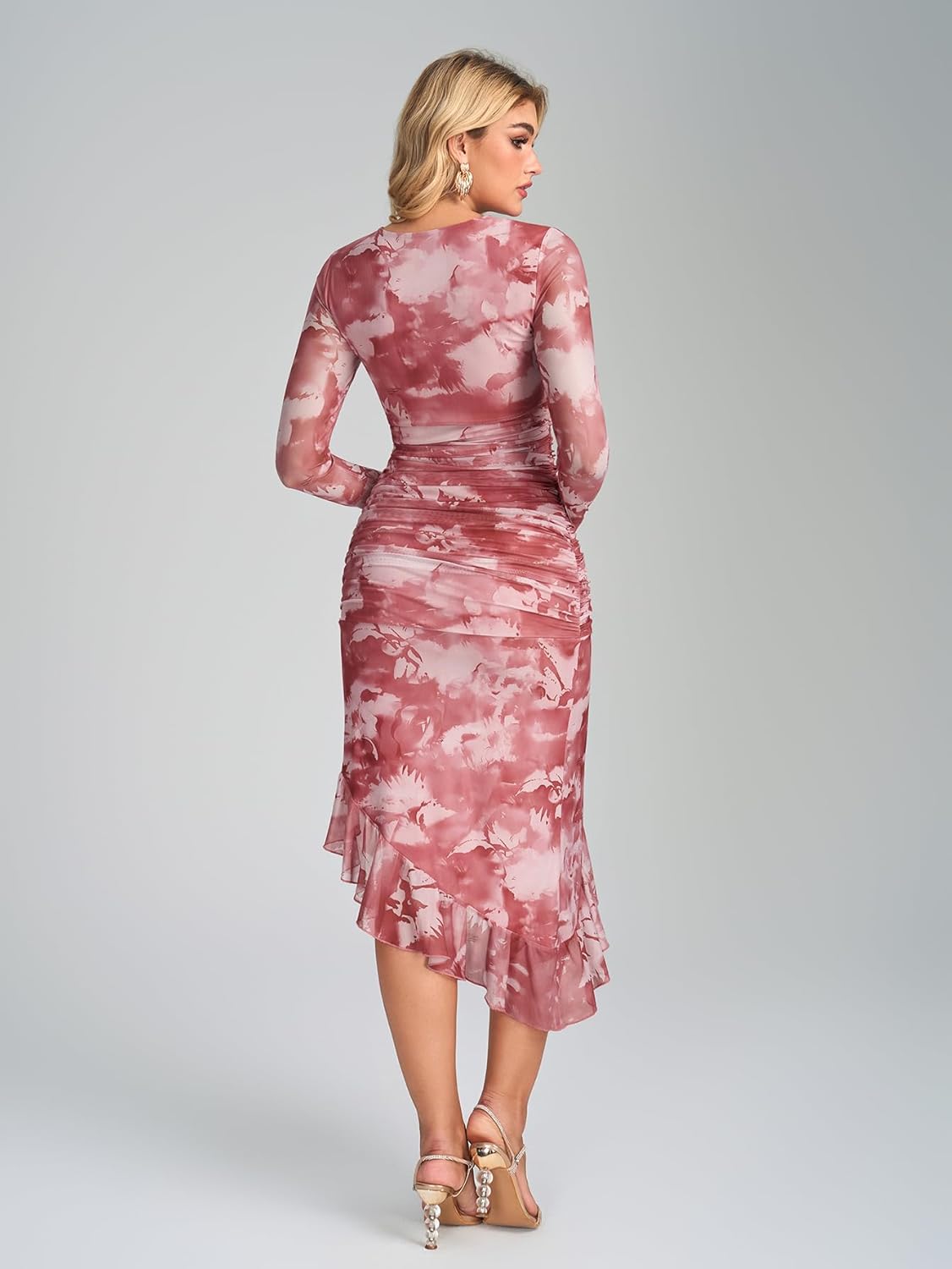 KUTUMAI Long Sleeve Floral Midi Dress Ruffle Slit Ruched Bodycon Fall Cocktail Wedding Guest Dresses for Women - Image 4