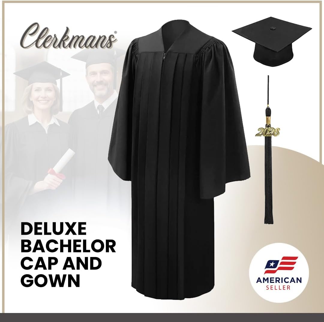 CLERKMANS Unisex Adult Deluxe Black Bachelors University Graduation Gown, Cap & Tassel Package
